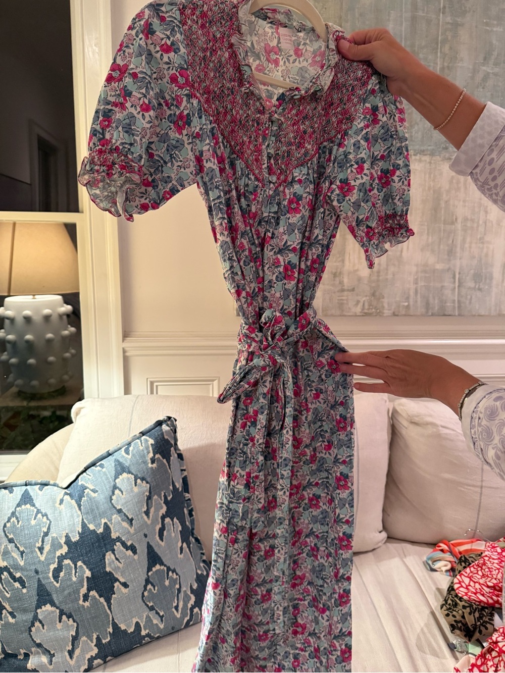 Floral Smocked Waist Maxi Dress - Pink & Blue
